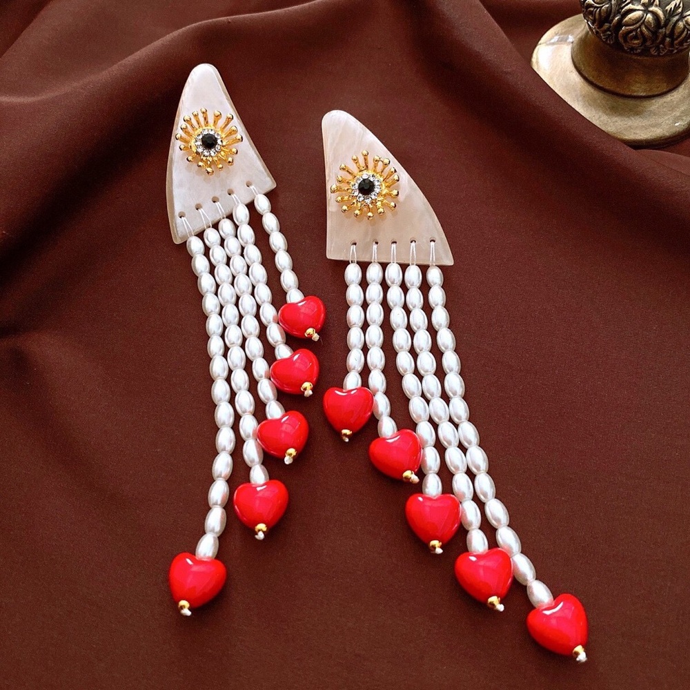 Handmade Red Heart Tassel Pearl Drop Earrings
